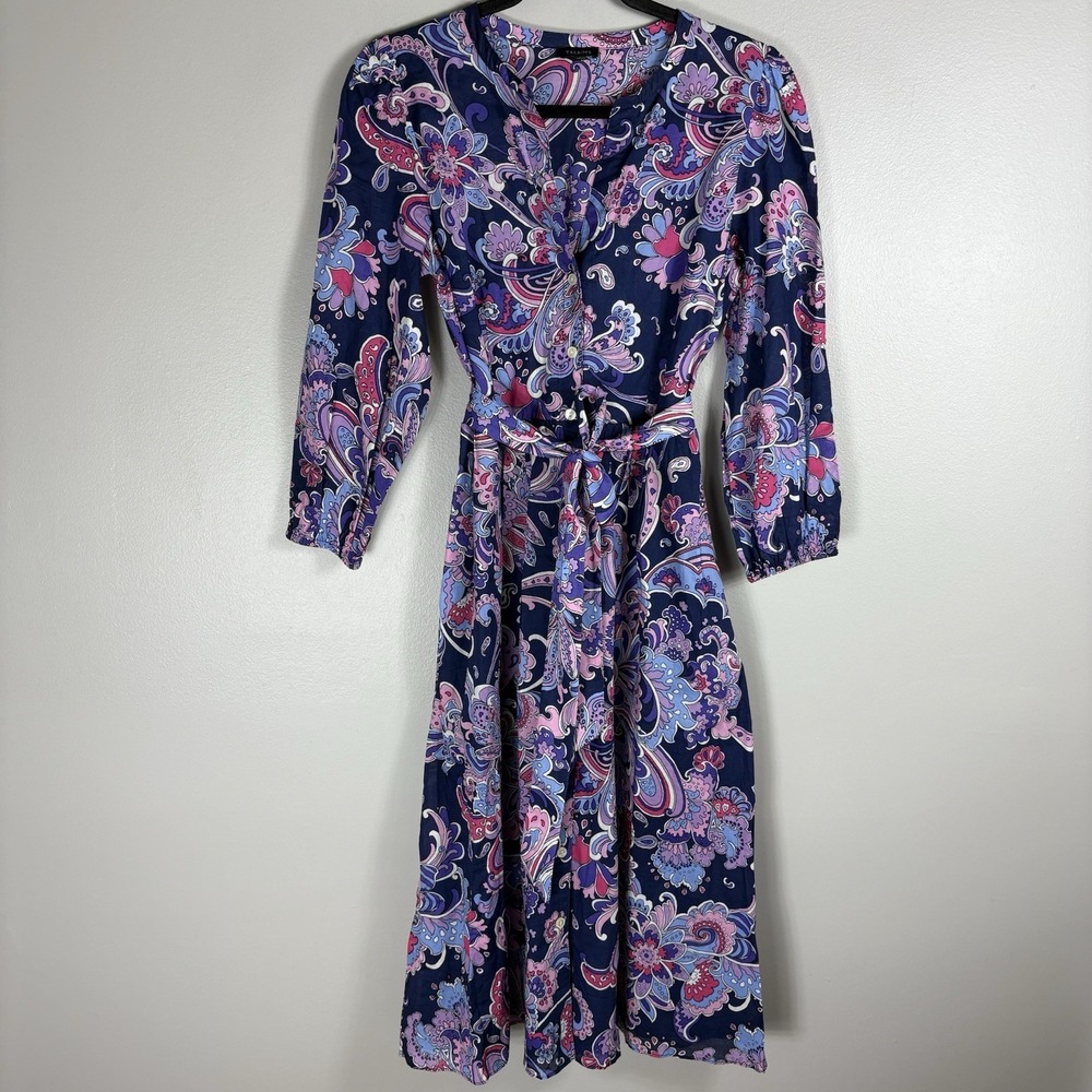 Talbots Womens 4 Multicolor 100% Cotton Floral 3/4 Sleeve V Neck Fit Flare Dress